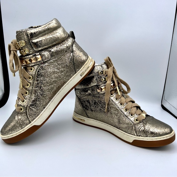 EUC Michael Kors Glam Studded Metallic Leather High-Top Sneakers - Picture 7 of 12